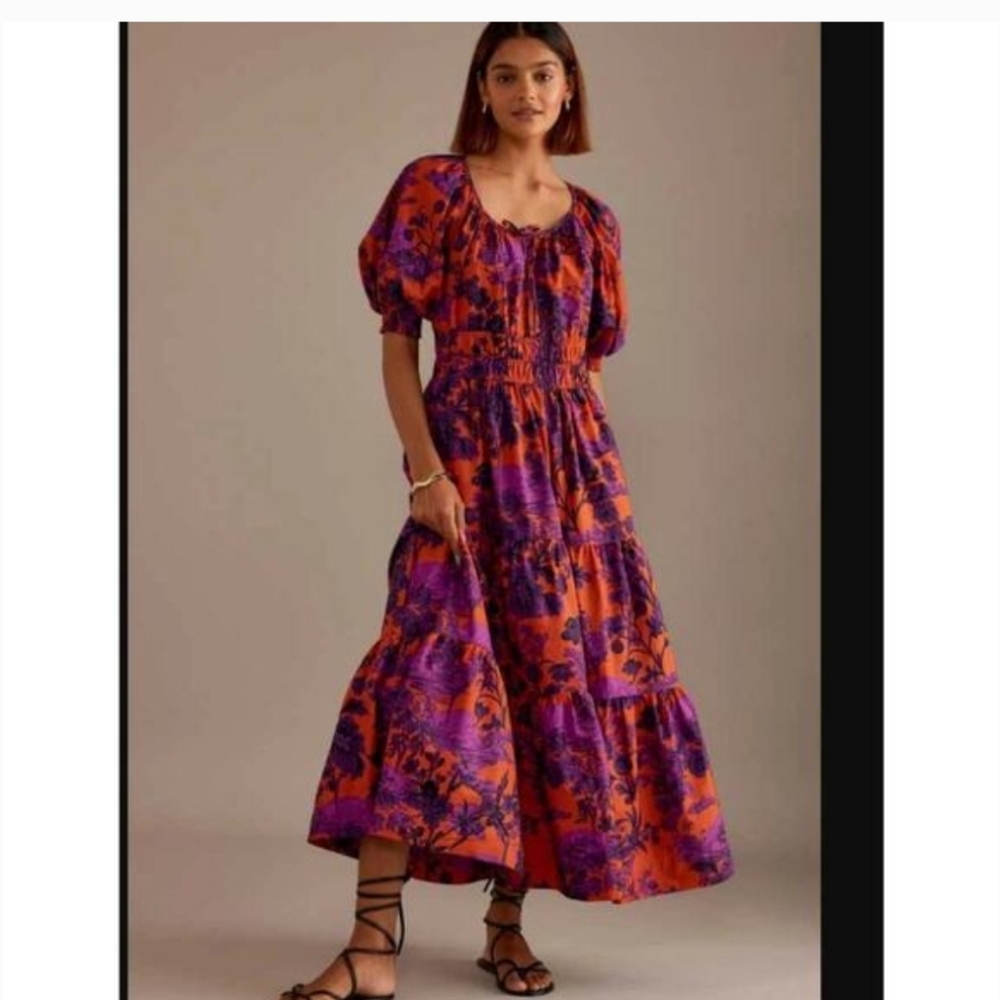 Anthropologie Somerset Floral Puff Sleeve Maxi Dress - Orange and Purple. Size